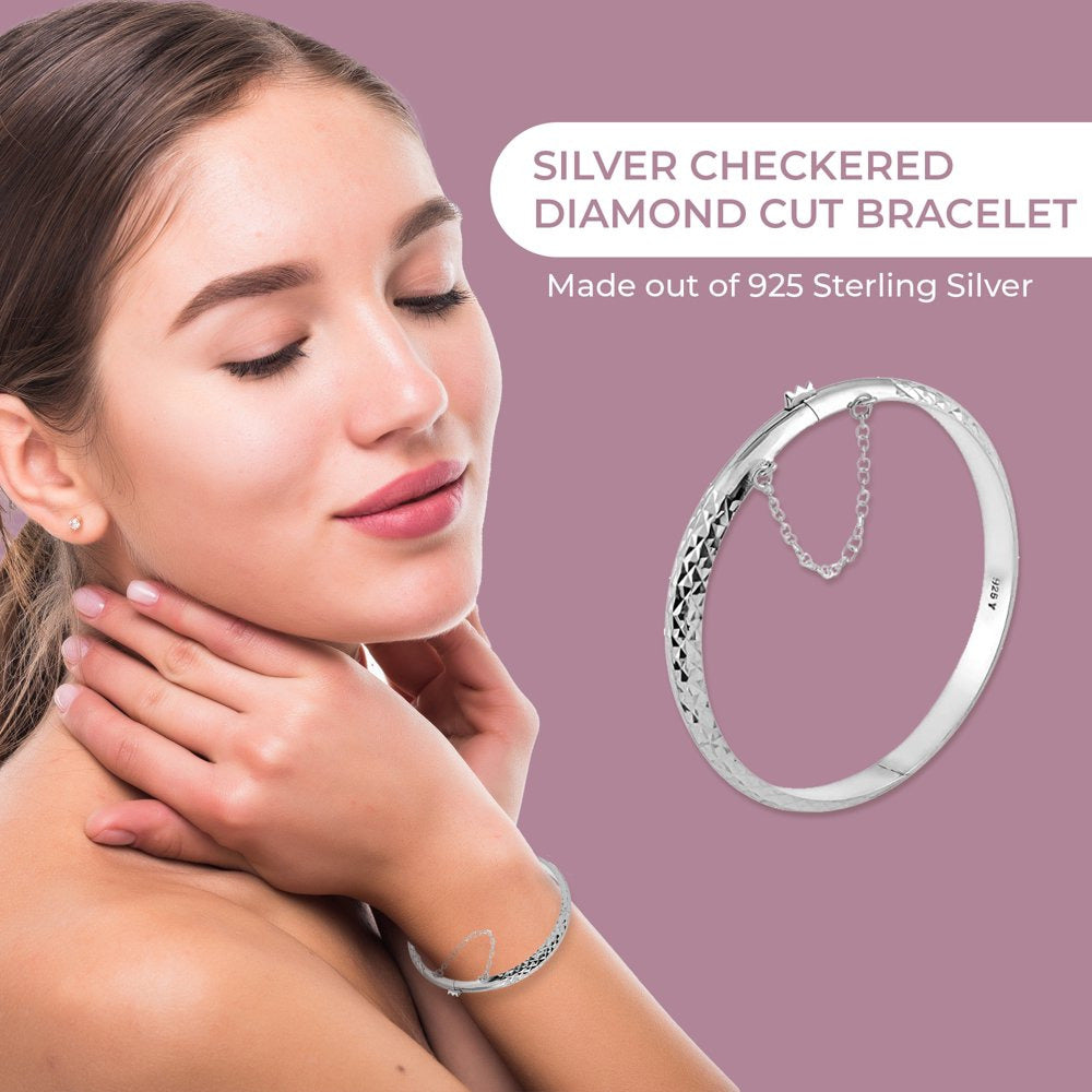 Women Checkered Diamond Cut Cuff Bangle Bracelet Sterling Silver 7"