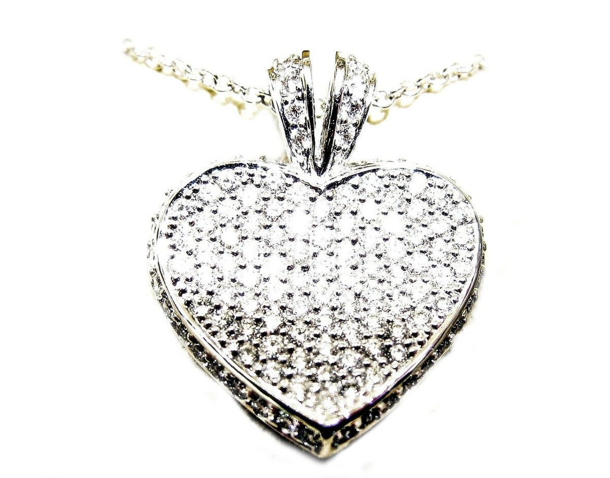 1.70 CT DIAMOND HEART PAVE SET ROUND BRILLIANT SHAPE DIAMOND INCLUDED CHAIN 18 K