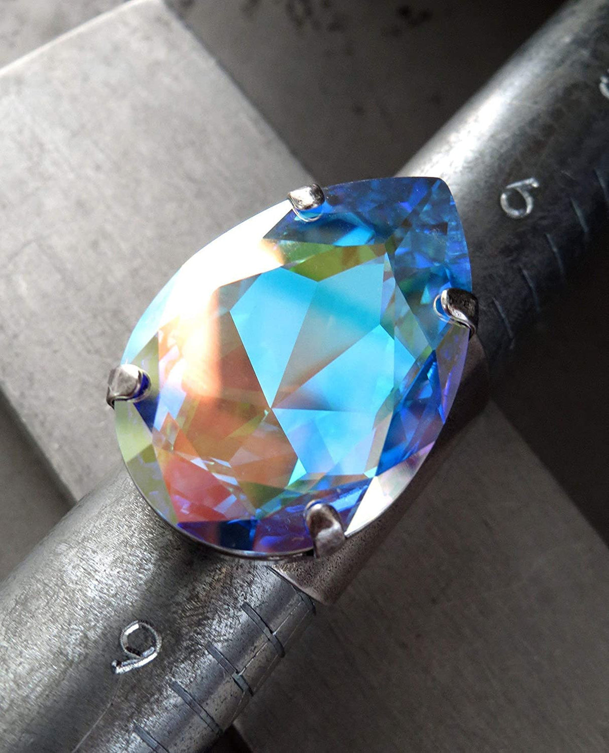 Large Shimmering Teardrop AB Crystal Cocktail Ring, Adjustable Band