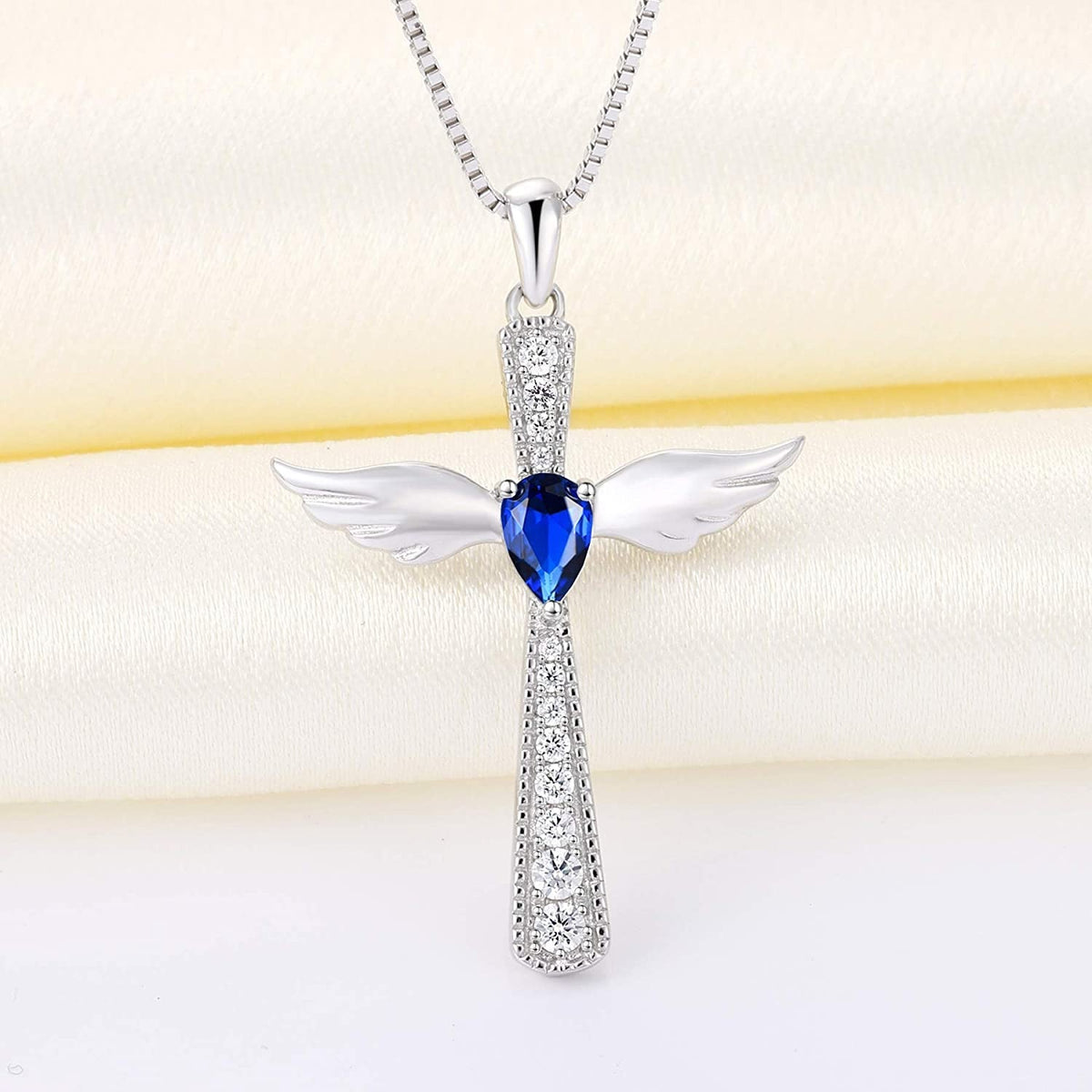 YL Cross Necklace 925 Sterling Silver Angel Wings Pendant Teardrop Cubic Zirconi