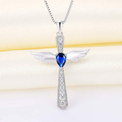 YL Cross Necklace 925 Sterling Silver Angel Wings Pendant Teardrop Cubic Zirconi