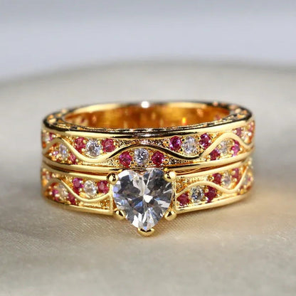 Sz 6-9 Cocktail Ring Champagne Gold Heart Zircon Ruby Women'S Wedding Ring Engag