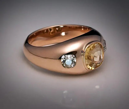 Vintage Women'S Fashion Rose Gold Natural Citrine Diamond & White Sapphire Ring