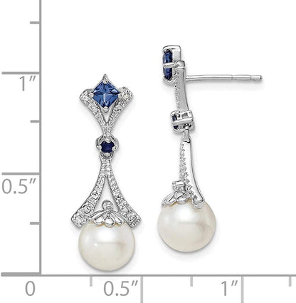 925 Sterling Silver Dangle Polished Post Earrings Rhodium Plated Diamond Freshwa