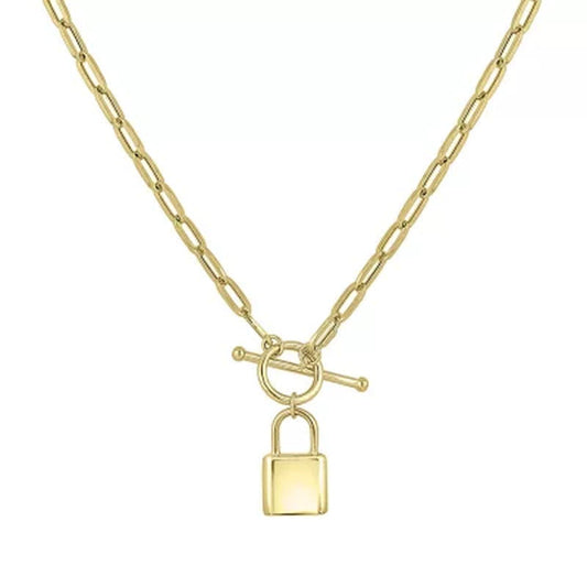 14K Yellow Gold Paperclip Toggle Necklace with High Polish Padlock