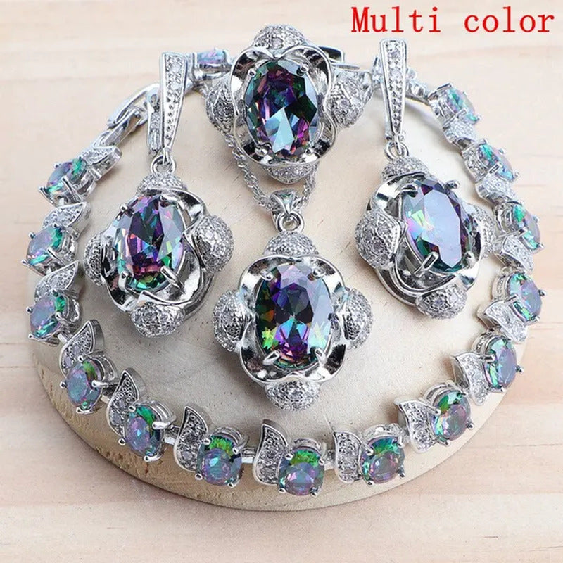 925 Silver Blue/Green/Purple/Rainbow Zirconia Bridal Jewelry Set for Women Brace