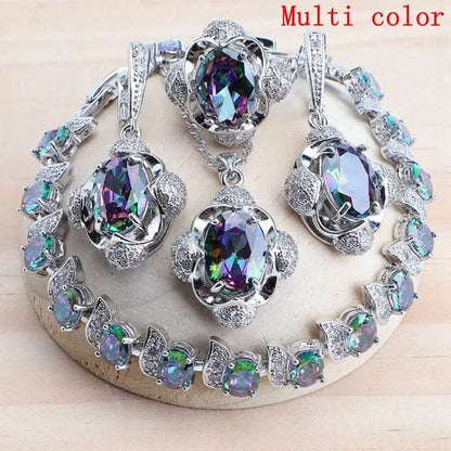 925 Silver Blue/Green/Purple/Rainbow Zirconia Bridal Jewelry Set for Women Brace