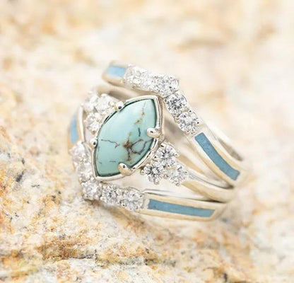 New Three-Piece Set of Oil Drop Diamond Turquoise Ring