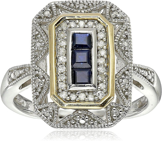 Sterling Silver and 14K Yellow Gold Blue Sapphire and Diamond Accent Art Deco-St