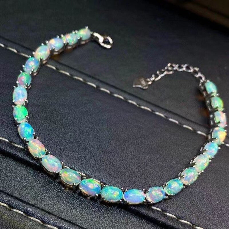 Natural Opal Simple Bracelet 925 Sterling Silver Colorful Stone Bangle for Women