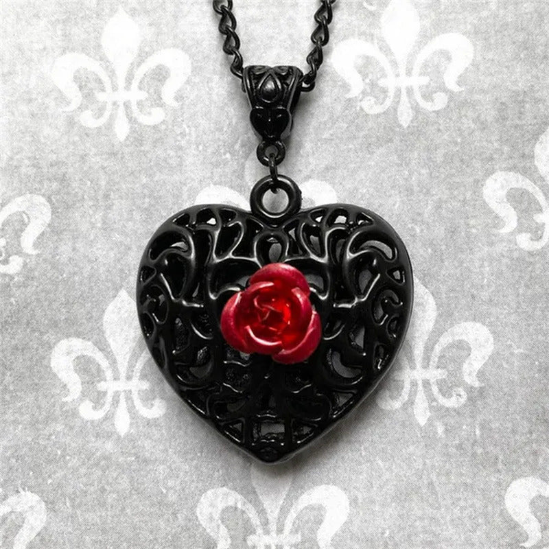 Black Filigree Heart Necklace with Red Rose, Gothic Victorian Pendant, Romantic