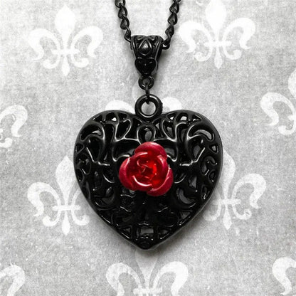Black Filigree Heart Necklace with Red Rose, Gothic Victorian Pendant, Romantic