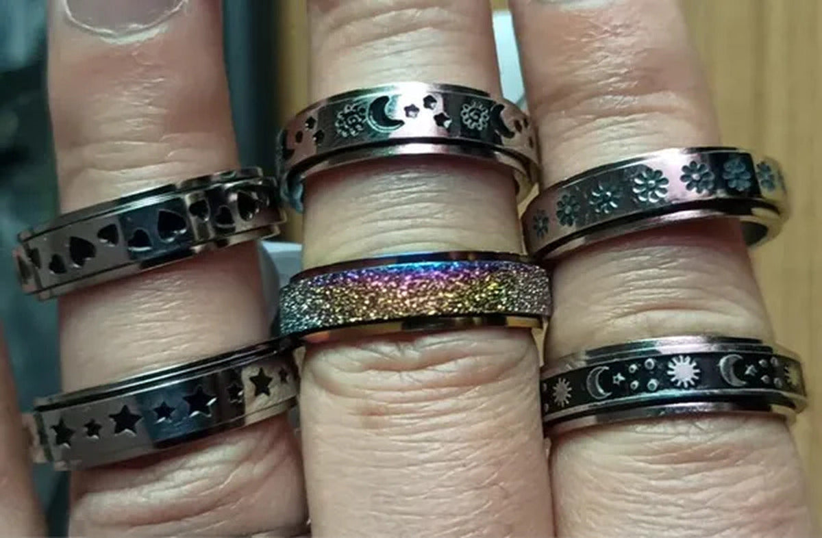 Couple Rings Rotatable Fidget Rings Stainless Steel Sun Moon Star Dot Waves Cat