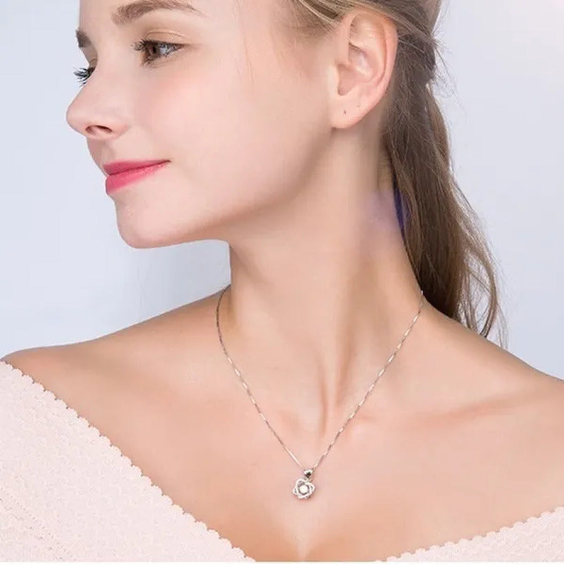Fashion Romantic Double Heart Diamond Heartbeat Necklace Sapphire Flower Pendant