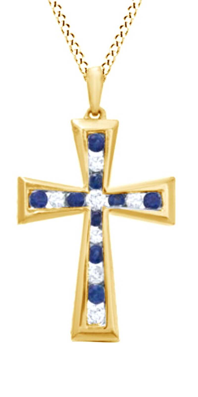 Simulated Blue Sapphire CZ and Natural Diamond Cross Pendant Necklace in 10K Sol