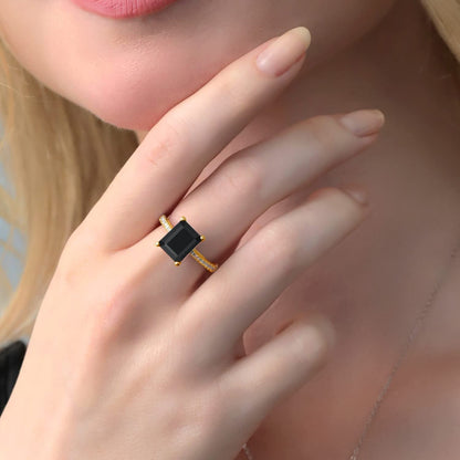 Black Onyx White Created Sapphire 18K Yellow Gold Plated Silver Ring (3.39 Cttw,