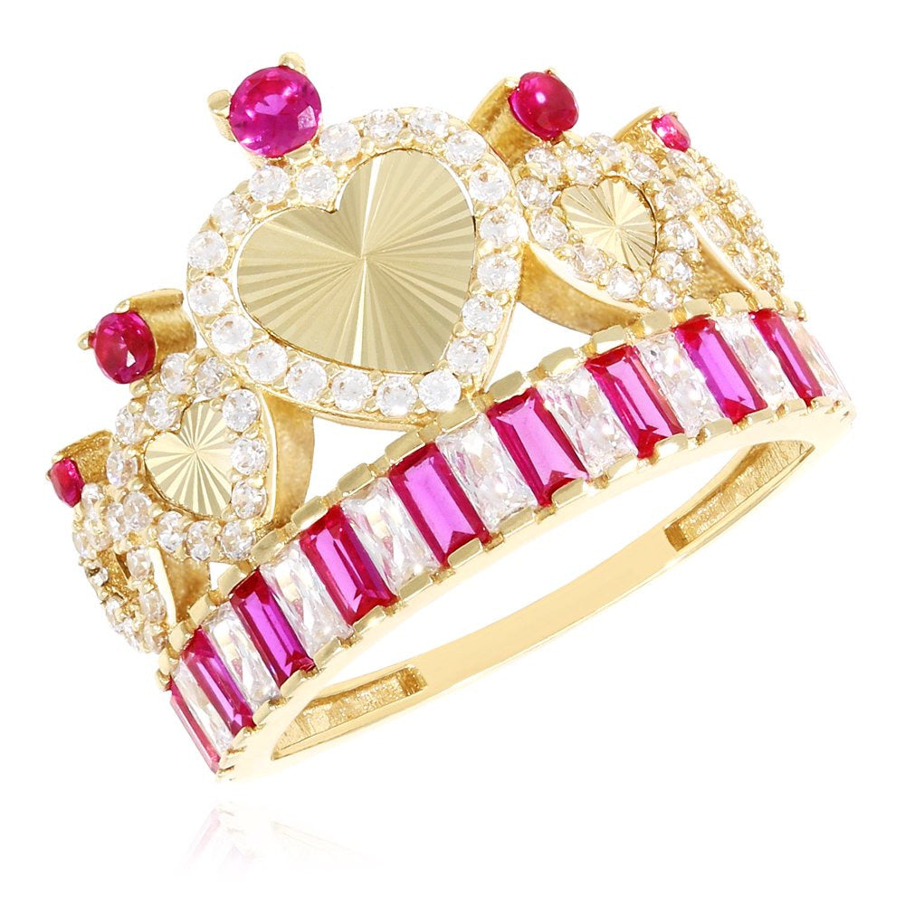 14K Yellow Gold 1.40CTW Simulated Diamond Ruby Royal Crown Hearts Cocktail Ring