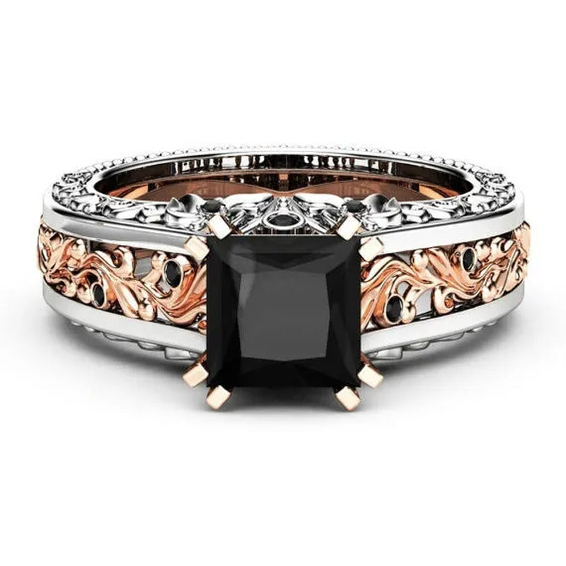 Princess Black Stone Engagement Ring Rose 925 Sterling Silver Wedding Bridal Rin