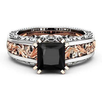 Princess Black Stone Engagement Ring Rose 925 Sterling Silver Wedding Bridal Rin