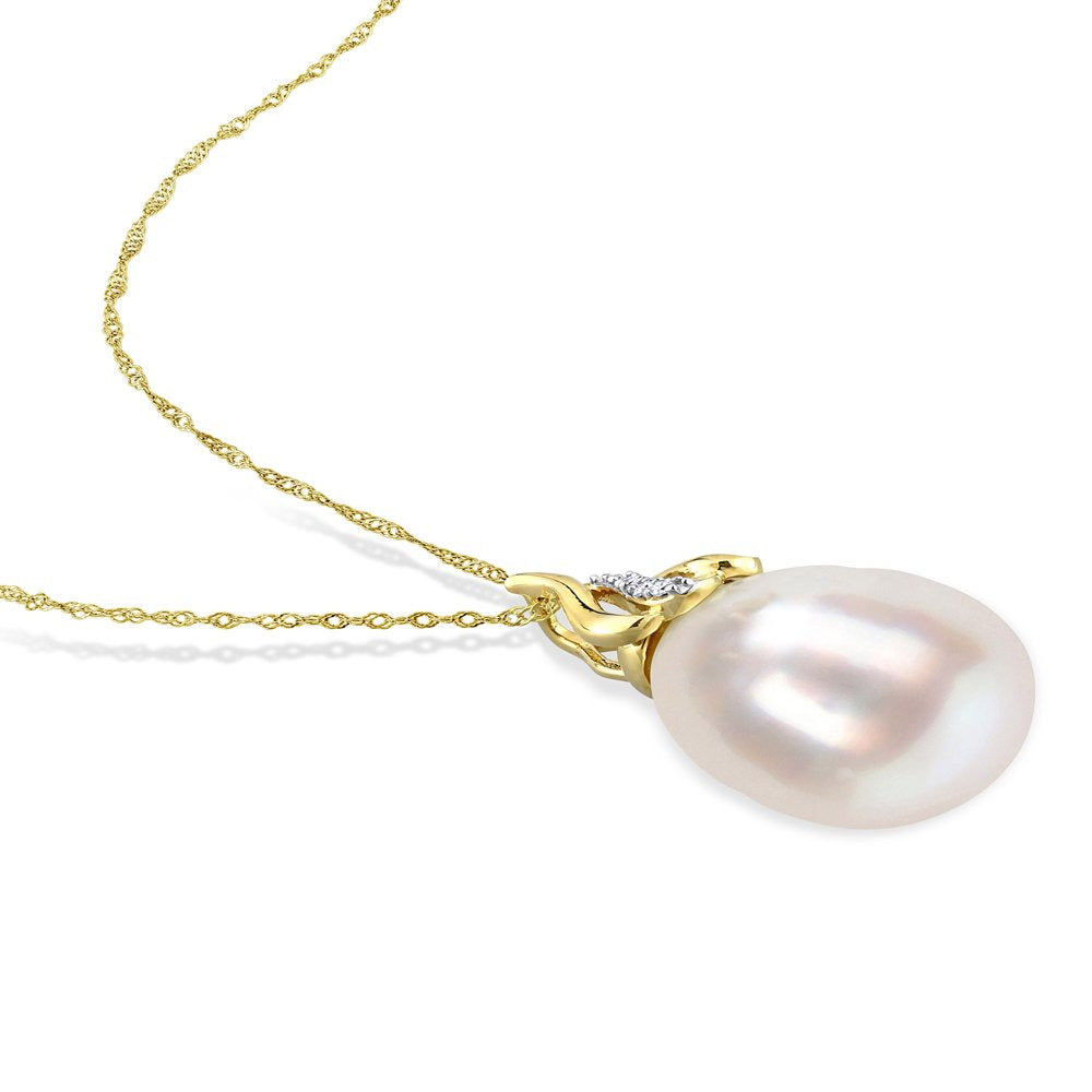 9 -10Mm Drop White South Sea Cultured Pearl & Diamond Accent 14Kt Yellow Gold Cr