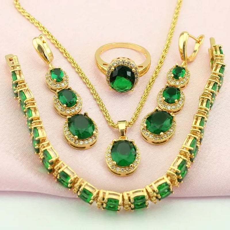 Flawless Long Gold Color Women Jewelry Sets Green Emerald Drop Earrings Necklace