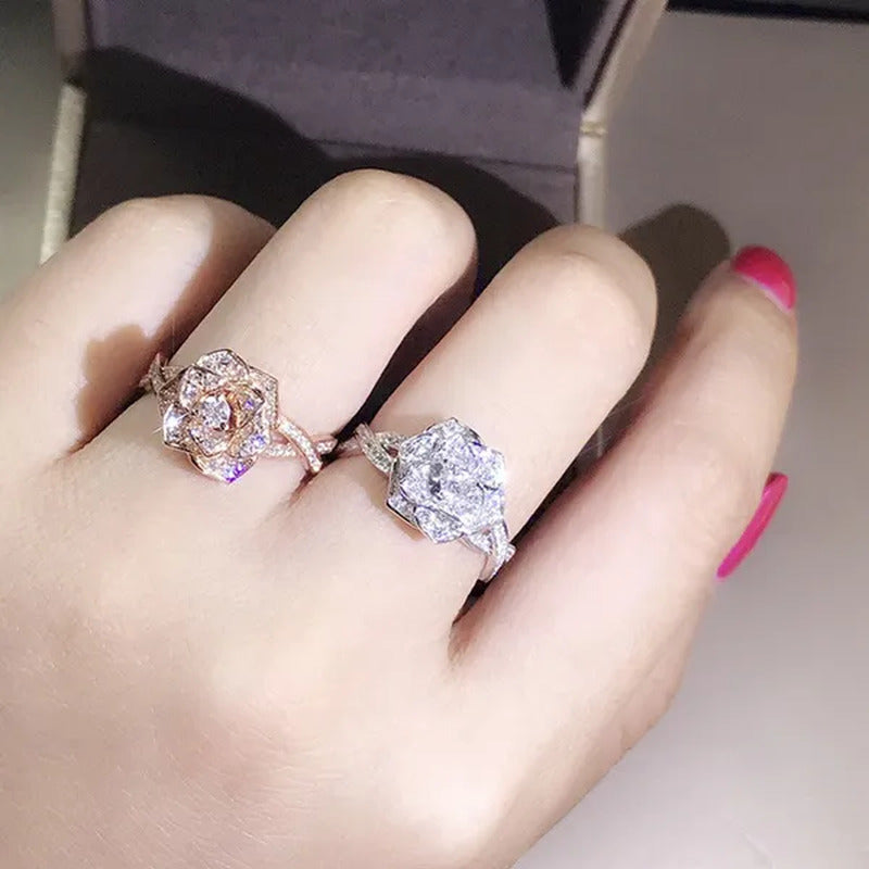 925 Silver Ring Plated Rose Gold Ring Rose Woman Wedding Ring Statement Crown Ri