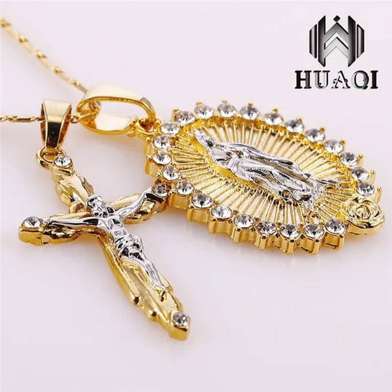 New Fashion18K Gold Plated Setting CZ Diamond Virgin Mary Necklace + Cross Neckl