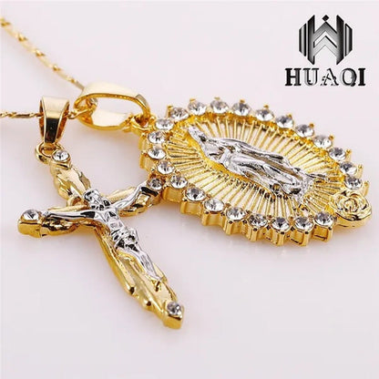 New Fashion18K Gold Plated Setting CZ Diamond Virgin Mary Necklace + Cross Neckl