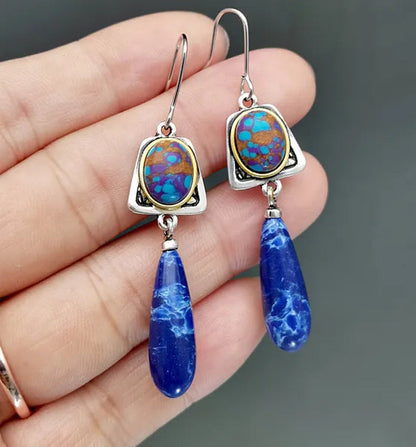 New Boho Style Natural Lapis Lazuli Gemstone Hook Earrings Women Wedding Engagem