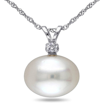 9-10Mm White round South Sea Pearl and Diamond-Accent 14Kt White Gold Fashion Pe