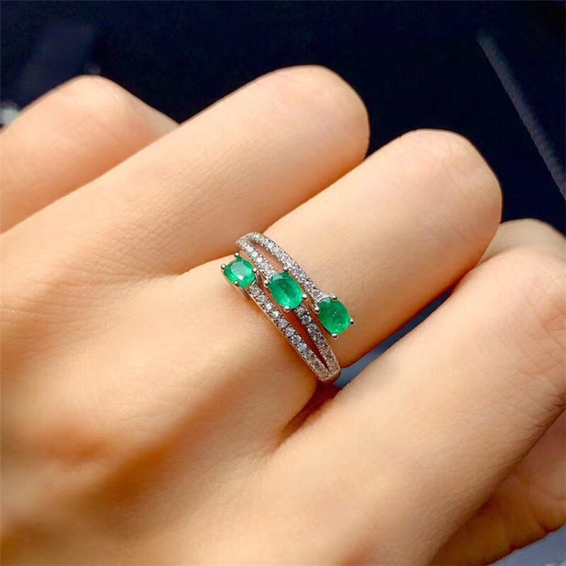 925 Silver Inlaid Natural Colombian Emerald Ring