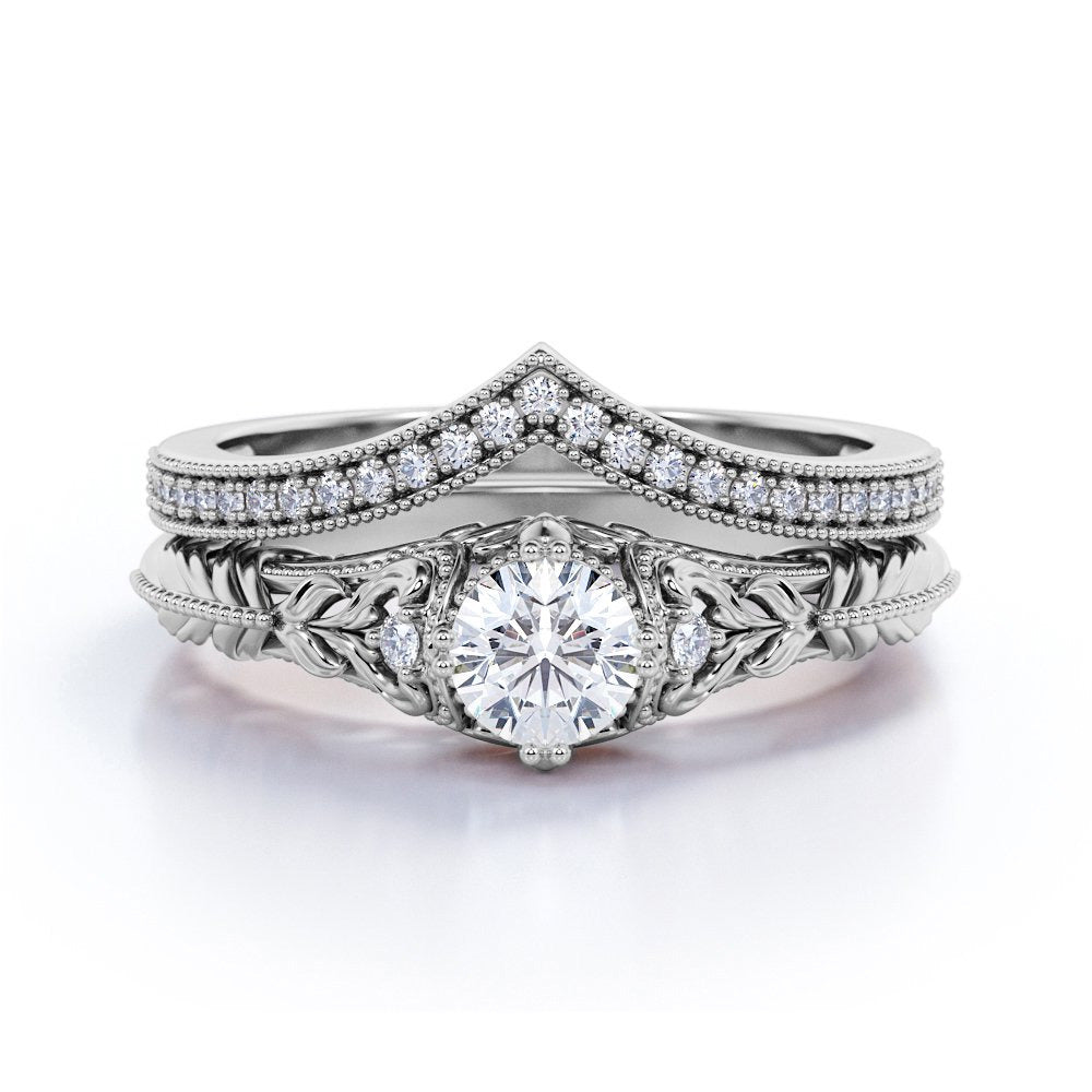 Engraved .68 Carat round Cut Real Diamond Victorian-Inspired Wedding Ring Set wi