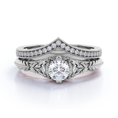 Engraved .68 Carat round Cut Real Diamond Victorian-Inspired Wedding Ring Set wi