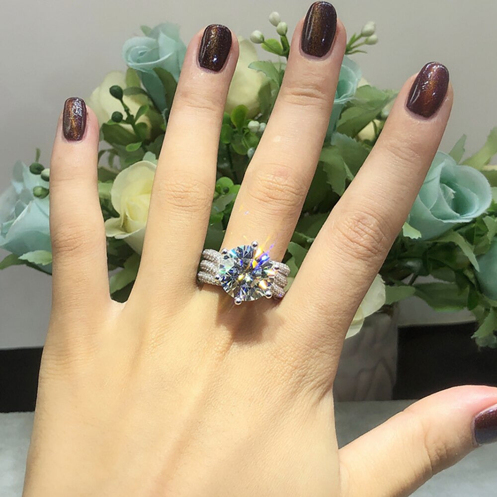 Six Claw D Color 5 Carat Big Moissanite Wedding Ring S925 Silver Plated Pt950