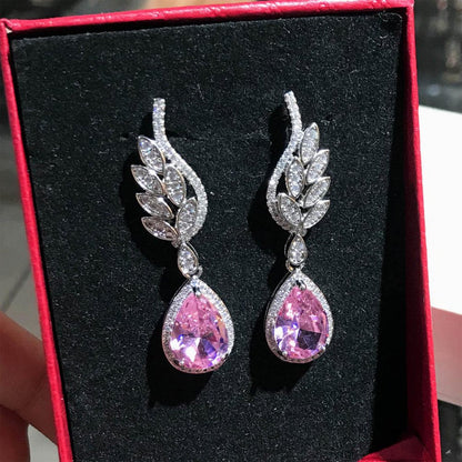 Gold Plated Jewelry Earrings Inlaid with Water Droplets Pink Diamond Earrings Fe