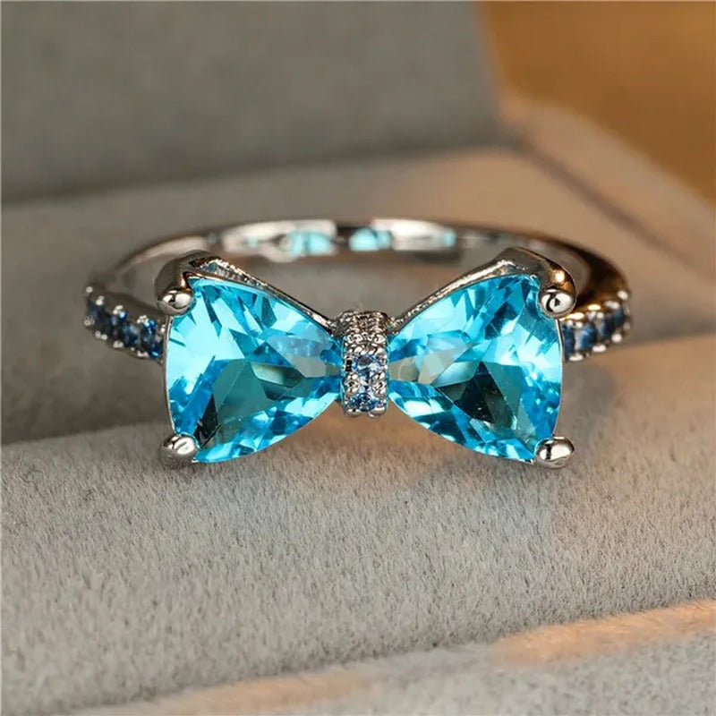 Fashion Women Girl Garnet Red Ruby Bow Ring 18K White Gold Bride Princess Weddin