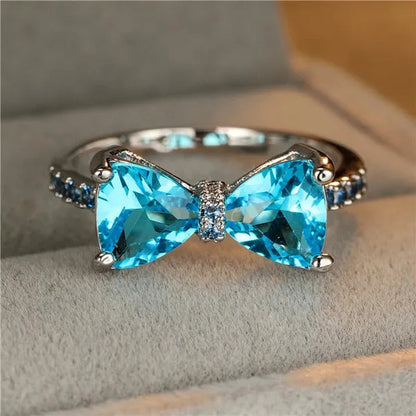 Fashion Women Girl Garnet Red Ruby Bow Ring 18K White Gold Bride Princess Weddin