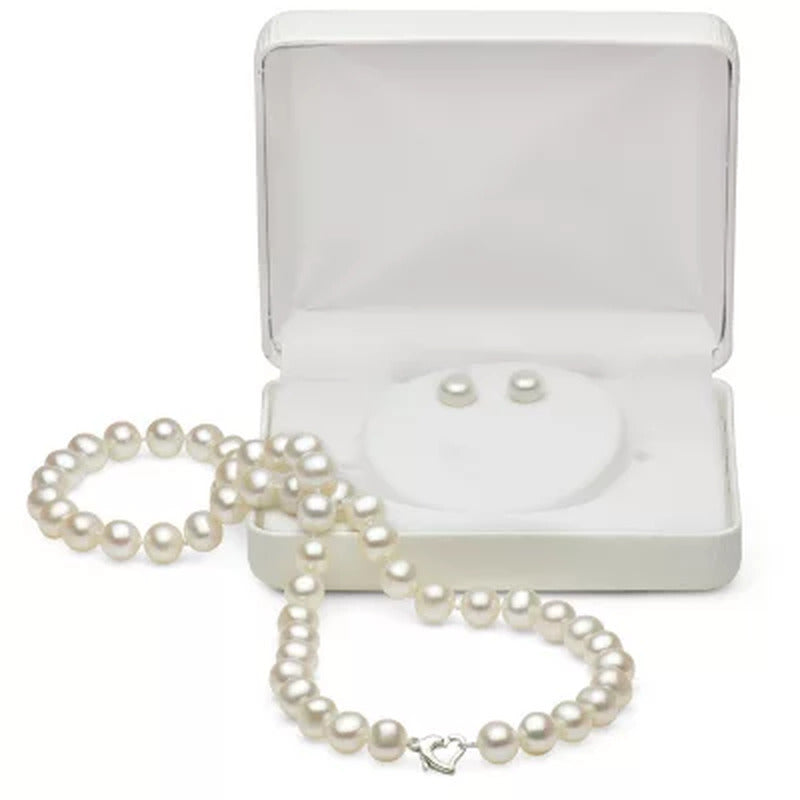 Sterling Silver Heart Clasp Freshwater Pearl Necklace and Earring Set (7-8Mm)