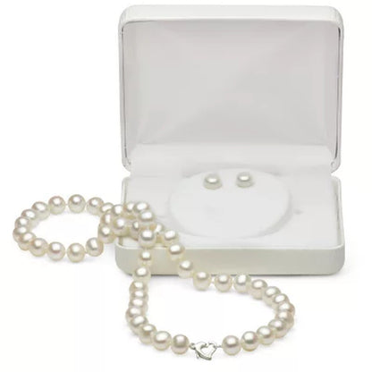 Sterling Silver Heart Clasp Freshwater Pearl Necklace and Earring Set (7-8Mm)