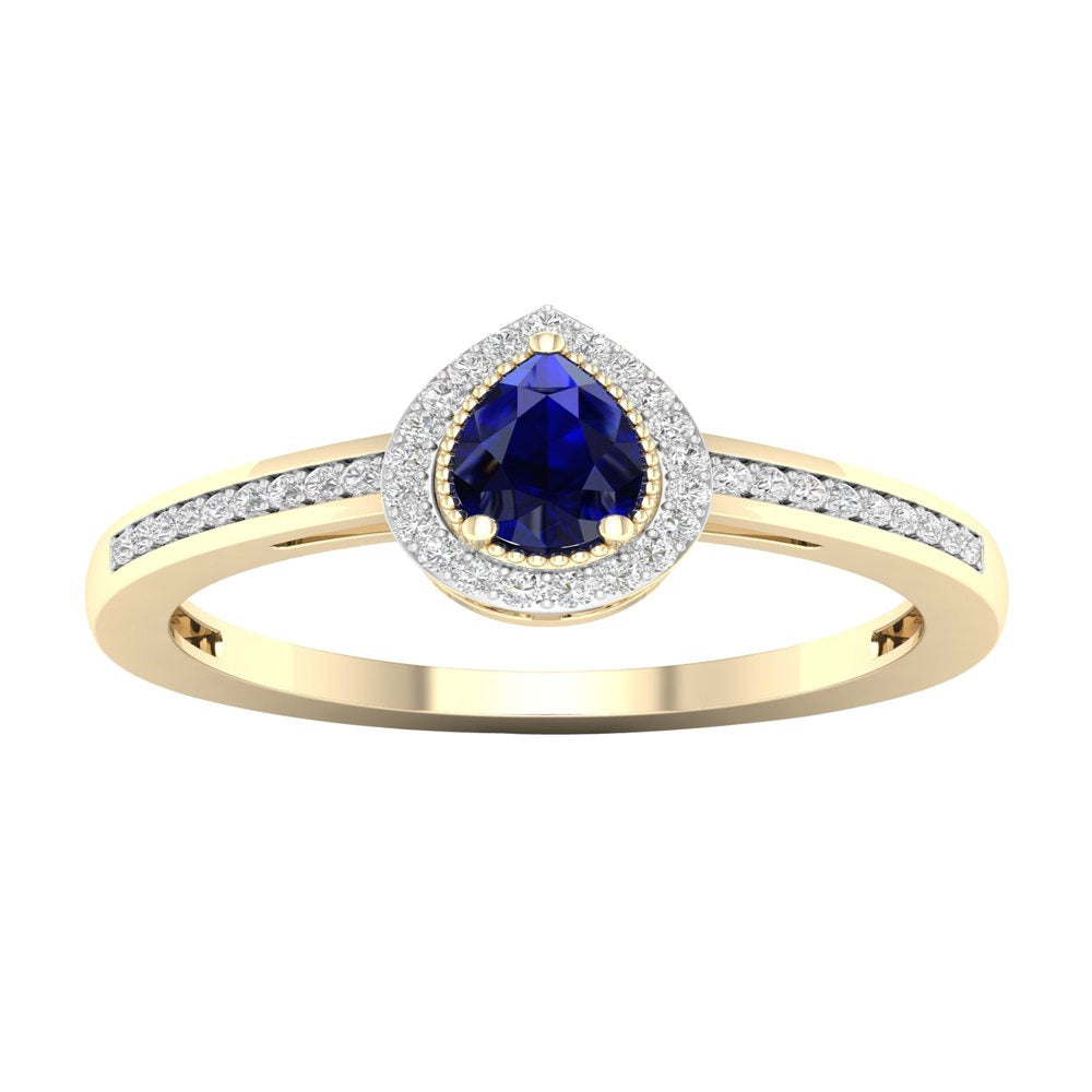 Imperial Gemstone 10K Yellow Gold Pear Blue Sapphire 1/8 CT TW Diamond Halo Wome