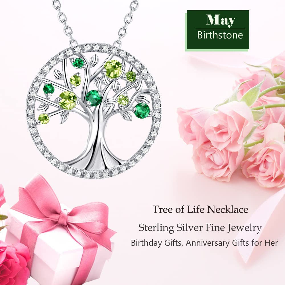Tree of Life Necklace for Women 925 Sterling Silver with January March Birthston