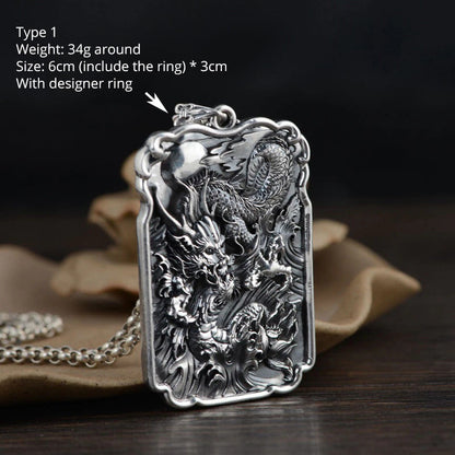 Sterling Silver 990 Vintage Auspicious Clouds Square Pendant for Men Carved