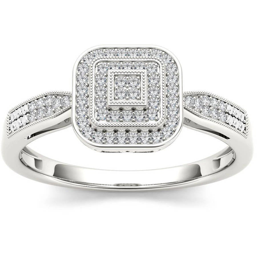1/6 Carat T.W. Diamond Cluster Square-Shape Double Halo 10Kt White Gold Engageme