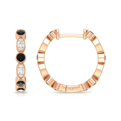 0.75 CT Black and White Diamond Hoop Earrings, Black Diamond Vintage Hoop Earrin