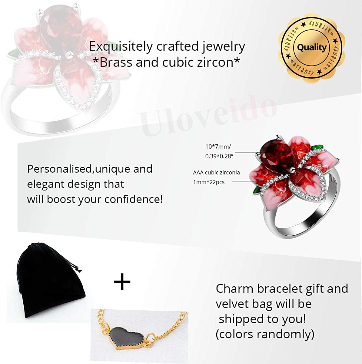 Girl'S Beautiful Red Enamel Rose Ring for Women Blossom Flower Rings with Pear C