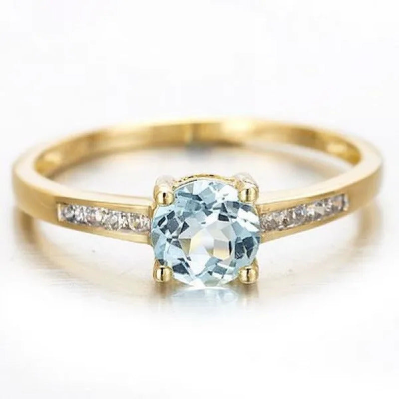 Woman'S round Cut Blue Aquamarine Golden Wedding Ring Wedding Ceremony Party Fan
