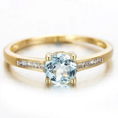 Woman'S round Cut Blue Aquamarine Golden Wedding Ring Wedding Ceremony Party Fan