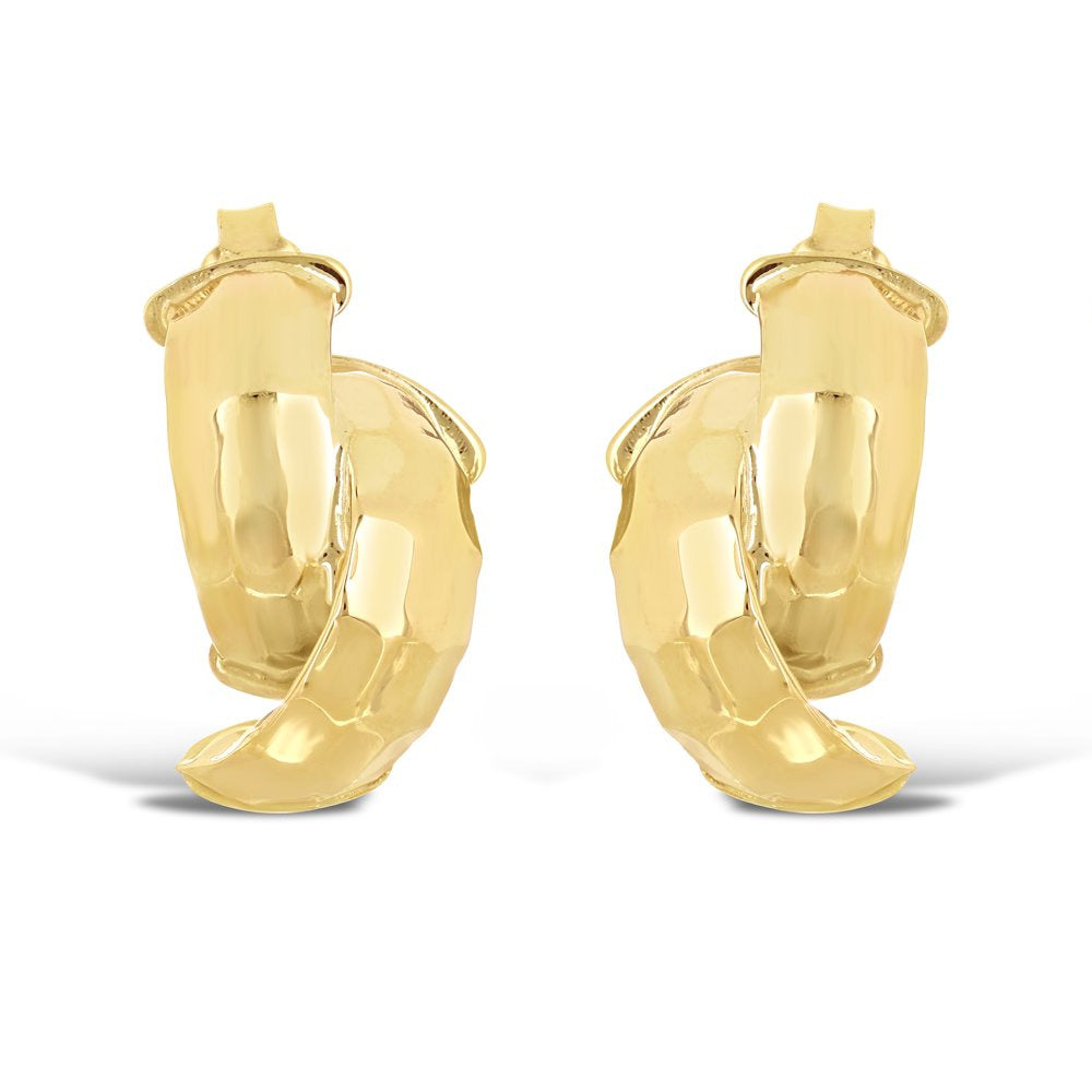 Italian 14K Yellow Gold Shiny Entwined Hammered Flat Quarter Hoop Stud Earrings