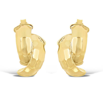 Italian 14K Yellow Gold Shiny Entwined Hammered Flat Quarter Hoop Stud Earrings