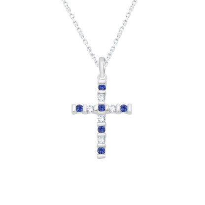 Cross Pendant Necklace round Cut 0.20 Simulated Blue Sapphire and 0.13 Natural D